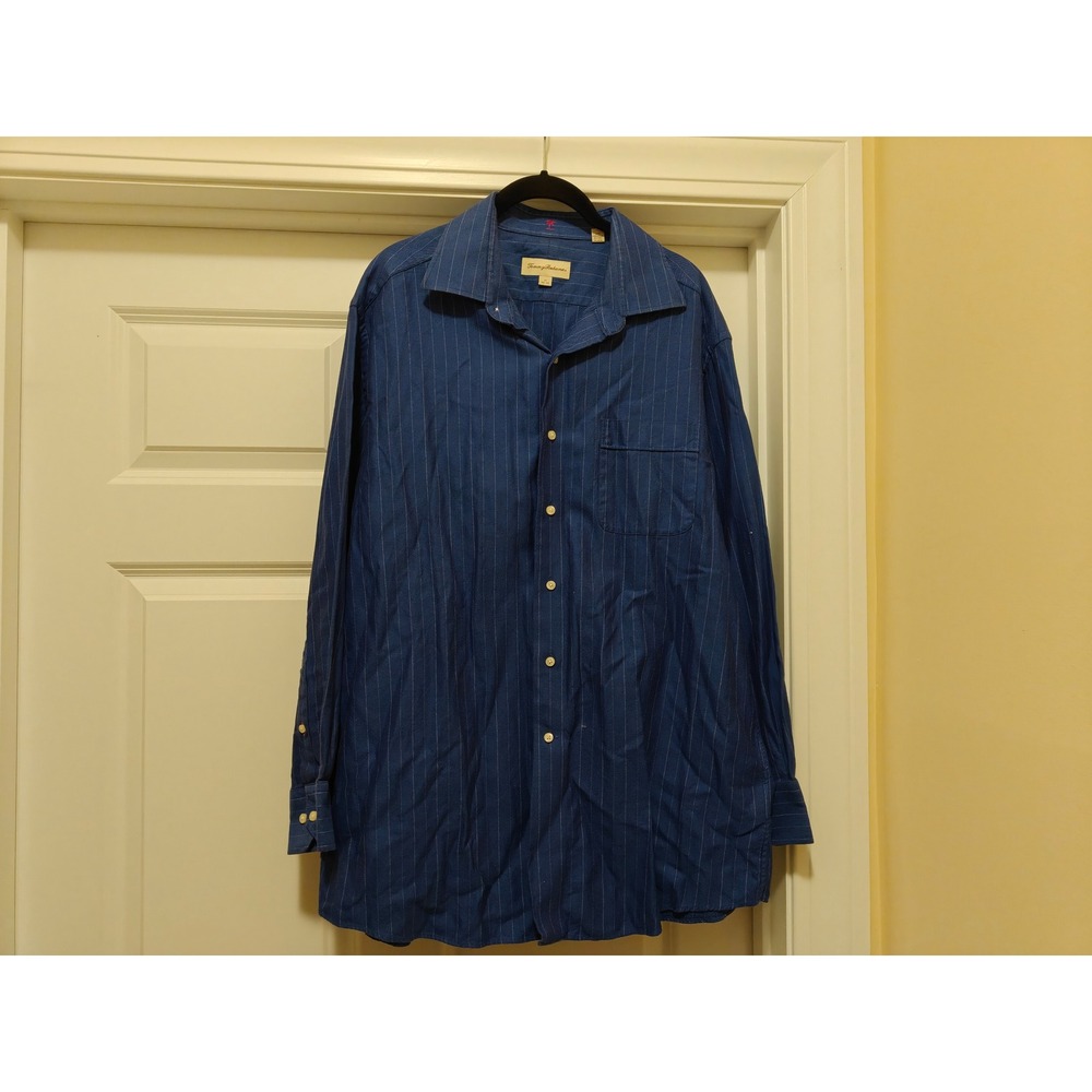 Tommy Bahama Mens Blue Pinstripe Herringbone Cotton Button Down‎ Shirt 17 32-33